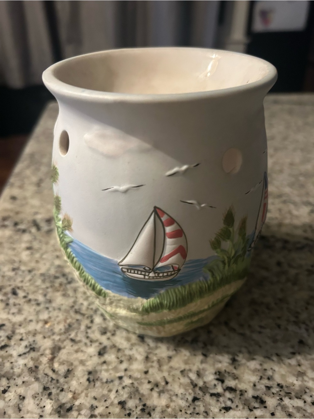 White Ceramic Sailboat Wax Burner - Coastal Home Art